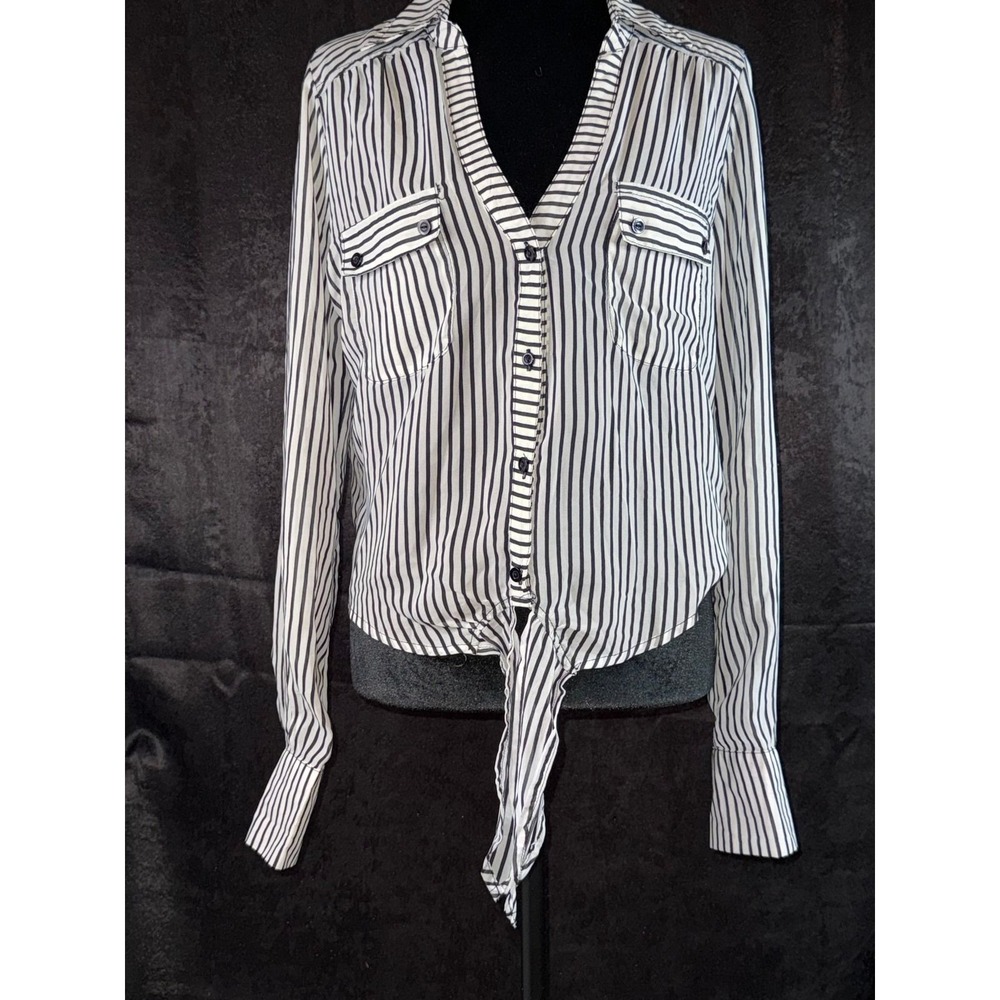 Soulmates Women Black‎ White Striped Tie Front Button Down Blouse Shirt Medium